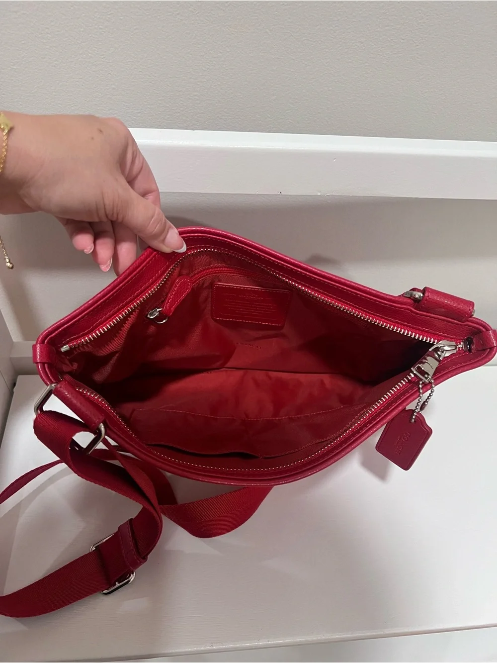 Coach Red Nylon Satchel Crossbody Bag with Red Leather Trim